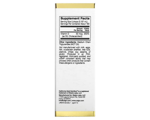 California Gold Nutrition, Vitamin D3 (Unflavored), 2,000 IU, 1 fl oz (30 ml) California Gold Nutrition, Vitamin D3 (Unflavored), 2,000 IU, 1 fl oz (30 ml)