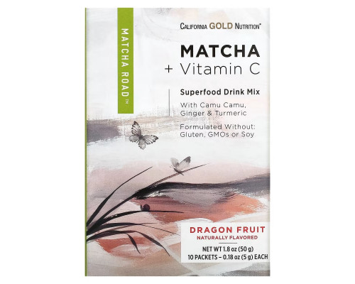 California Gold Nutrition, MATCHA ROAD, Matcha + Vitamin C - Dragon Fruit, 10 Count California Gold Nutrition, MATCHA ROAD, Matcha + Vitamin C - Dragon Fruit, 10 Count