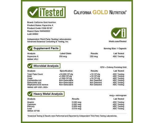 California Gold Nutrition, Huperzine A, 250 mcg, 30 Veggie Capsules California Gold Nutrition, Huperzine A, 250 mcg, 30 Veggie Capsules