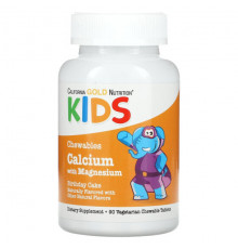 Детское здоровье California Gold Nutrition, Жевательные таблетки с кальцием и магнием для детей, со вкусом праздничного торта, 90 вегетарианских таблеток