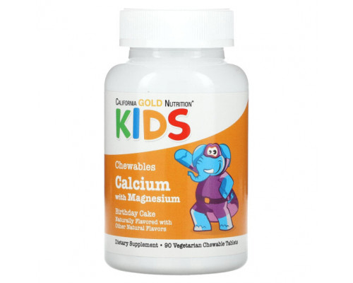 Детское здоровье California Gold Nutrition, Жевательные таблетки с кальцием и магнием для детей, со вкусом праздничного торта, 90 вегетарианских таблеток Детское здоровье California Gold Nutrition, Жевательные таблетки с кальцием и магнием для детей, со вкусом праздничного торта, 90 вегетарианских таблеток