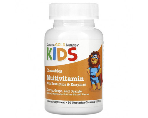 Витаминно-минеральные комплексы California Gold Nutrition, жевательные мультивитамины с пробиотиками и ферментами для детей, фруктовое ассорти, 60 вегетарианских таблеток Витаминно-минеральные комплексы California Gold Nutrition, жевательные мультивитамины с пробиотиками и ферментами для детей, фруктовое ассорти, 60 вегетарианских таблеток