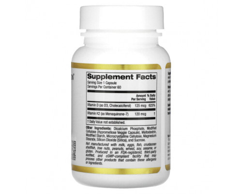 Витамин К California Gold Nutrition, витамины D3 и К2, 60 растительных капсул Витамин К California Gold Nutrition, витамины D3 и К2, 60 растительных капсул