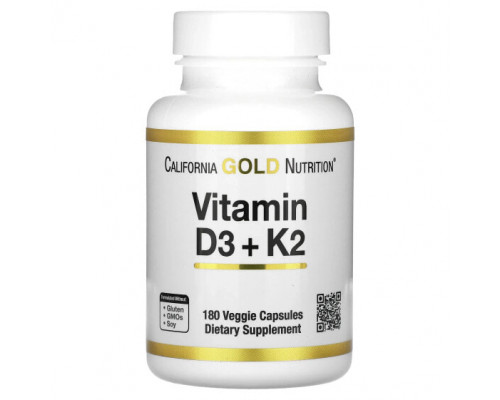 Витамин К California Gold Nutrition, витамины D3 и К2, 180 растительных капсул Витамин К California Gold Nutrition, витамины D3 и К2, 180 растительных капсул
