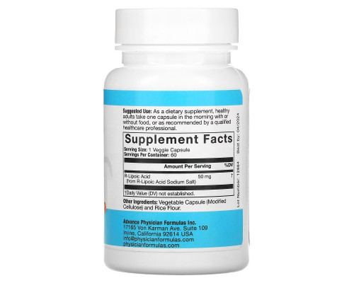 Advance Physician Formulas, Inc., R-липоевая кислота, 50 мг, 60 капсул Advance Physician Formulas, Inc., R-липоевая кислота, 50 мг, 60 капсул