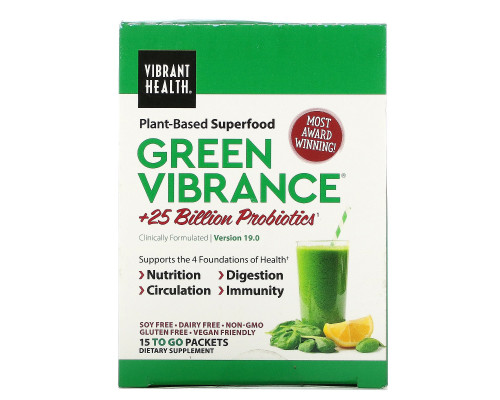 Vibrant Health, Green Vibrance +25 млрд пробиотиков, версия 14.1, 15 пакетов 6,4 унц. (181,5 г) Vibrant Health, Green Vibrance +25 млрд пробиотиков, версия 14.1, 15 пакетов 6,4 унц. (181,5 г)