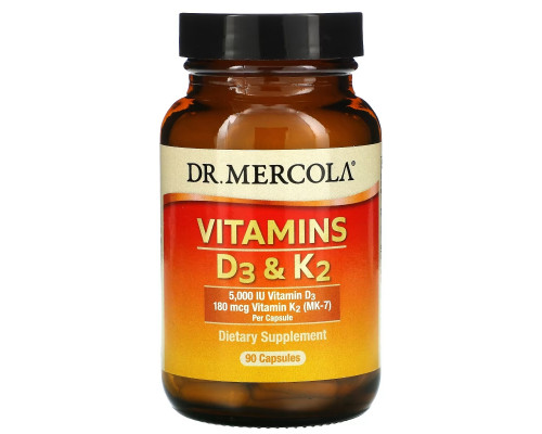 Dr. Mercola, Витамины D3 и K2, 5000 МЕ, 90 капсул Dr. Mercola, Витамины D3 и K2, 5000 МЕ, 90 капсул