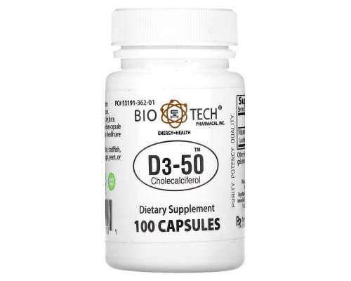 Bio Tech Pharmacal Inc D3-50 холекальциферол 100 капсул Bio Tech Pharmacal Inc D3-50 холекальциферол 100 капсул