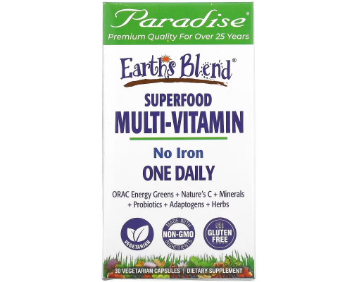Paradise Herbs Энергия ORAC Earth's Blend ежедневный сверхпитательный мультивитамин без железа 30 капсул на растительной основе