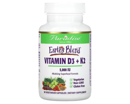 Paradise Herbs, Earth's Blend, Vitamin D3 + K2, 5,000 IU, 90 Vegetarian Capsules Paradise Herbs, Earth's Blend, Vitamin D3 + K2, 5,000 IU, 90 Vegetarian Capsules
