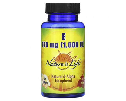 Витамин Е Nature's Life, Витамин E, 670 мг (1000 МЕ), 50 мягких таблеток Витамин Е Nature's Life, Витамин E, 670 мг (1000 МЕ), 50 мягких таблеток