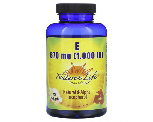 Витамин Е Nature's Life, Витамин E, 670 мг (1000 МЕ), 100 мягких таблеток Витамин Е Nature's Life, Витамин E, 670 мг (1000 МЕ), 100 мягких таблеток