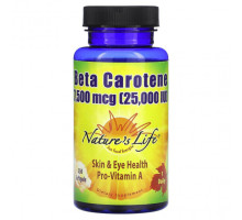 Антиоксиданты Nature's Life, Бета-каротин, 7500 мкг (25000 МЕ), 250 мягких таблеток