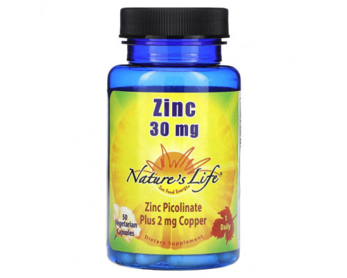Цинк Nature's Life, Цинк, 30 мг, 50 вегетарианских капсул
