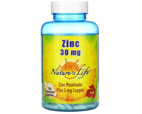 Nature's Life, Цинк, 30 мг, 250 растительных капсул Nature's Life, Цинк, 30 мг, 250 растительных капсул