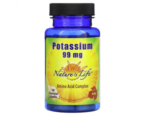 Калий Nature's Life, Калий, 99 мг, 100 вегетарианских капсул Калий Nature's Life, Калий, 99 мг, 100 вегетарианских капсул