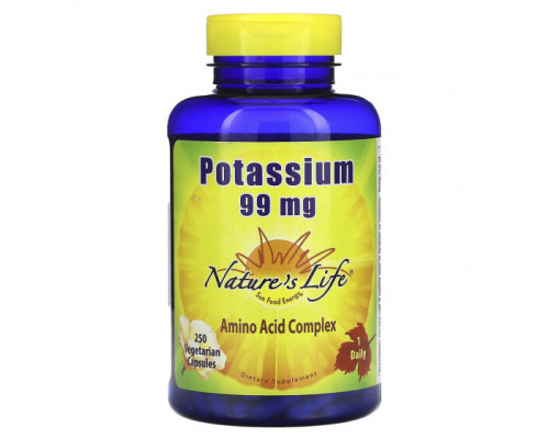 Калий Nature's Life, Калий, 99 мг, 250 вегетарианских капсул Калий Nature's Life, Калий, 99 мг, 250 вегетарианских капсул