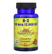 Витамин D Nature's Life, D-3, 50 мкг, 120 мягких таблеток