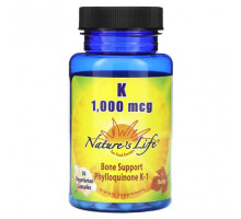 Витамин К Nature's Life, Витамин К, 1000 мкг, 50 вегетарианских капсул