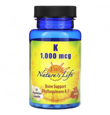 Витамин К Nature's Life, Витамин К, 1000 мкг, 50 вегетарианских капсул