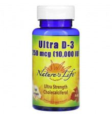 Витамин D Nature's Life, Ultra D-3, 250 мкг (10 000 МЕ), 100 мягких таблеток