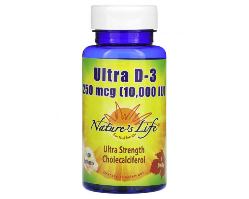 Витамин D Nature's Life, Ultra D-3, 250 мкг (10 000 МЕ), 100 мягких таблеток Витамин D Nature's Life, Ultra D-3, 250 мкг (10 000 МЕ), 100 мягких таблеток