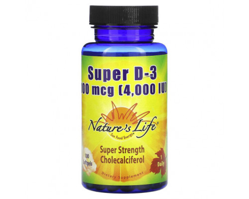 Витамин D Nature's Life, Super D-3, 100 мкг (4000 МЕ), 100 мягких таблеток Витамин D Nature's Life, Super D-3, 100 мкг (4000 МЕ), 100 мягких таблеток