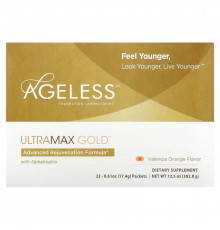 Ageless Foundation Laboratories, UltraMax Gold, улучшенная формула омоложения с альфатрофином, со вкусом валенсийского апельсина, 22 пакетика, 13,5 унции (17,4 г) каждый