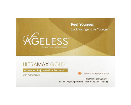 Ageless Foundation Laboratories, UltraMax Gold, улучшенная формула омоложения с альфатрофином, со вкусом валенсийского апельсина, 22 пакетика, 13,5 унции (17,4 г) каждый Ageless Foundation Laboratories, UltraMax Gold, улучшенная формула омоложения с альфатрофином, со вкусом валенсийского апельсина, 22 пакетика, 13,5 унции (17,4 г) каждый