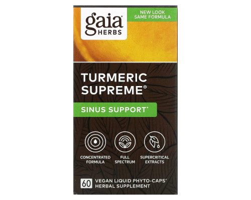 Gaia Herbs, Turmeric Supreme, поддержка носовых пазух, 60 веганских жидких фитокапсул Gaia Herbs, Turmeric Supreme, поддержка носовых пазух, 60 веганских жидких фитокапсул