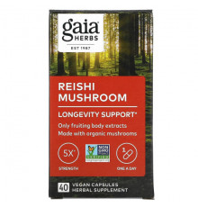 Грибы Gaia Herbs, Гриб рейши, 40 веганских капсул