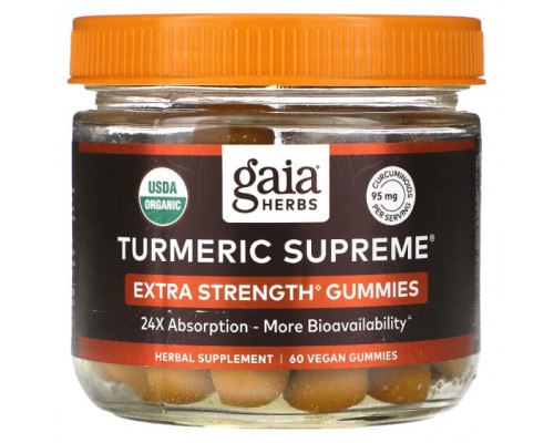 Имбирь и куркума Gaia Herbs, Turmeric Supreme, повышенная сила действия, 60 веганских жевательных мармеладок
