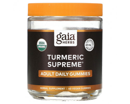 Имбирь и куркума Gaia Herbs, Turmeric Supreme, жевательные мармеладки для взрослых, 40 веганских жевательных таблеток Имбирь и куркума Gaia Herbs, Turmeric Supreme, жевательные мармеладки для взрослых, 40 веганских жевательных таблеток