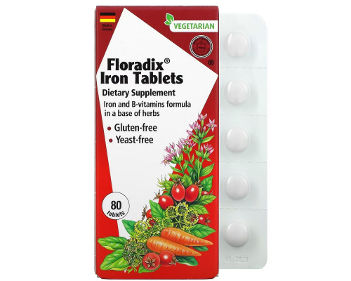 Gaia Herbs, Floradix, железо в таблетках, 80 таблеток Gaia Herbs, Floradix, железо в таблетках, 80 таблеток