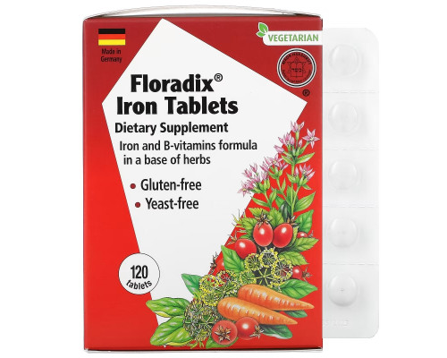 Gaia Herbs, Floradix, железо, 120 таблеток Gaia Herbs, Floradix, железо, 120 таблеток