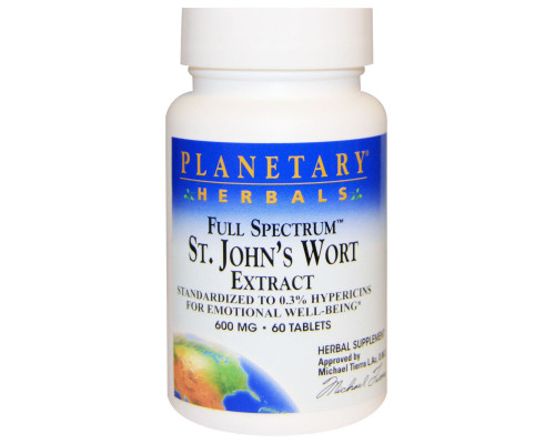 Planetary Herbals, Экстракт зверобоя полного спектра, 600 мг, 60 таблеток Planetary Herbals, Экстракт зверобоя полного спектра, 600 мг, 60 таблеток