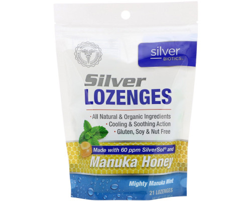 American Biotech Labs, Silver Biotics, серебряные пастилки, 60 частей на млн SilverSol, мощная манука и мята, 21 пастилок American Biotech Labs, Silver Biotics, серебряные пастилки, 60 частей на млн SilverSol, мощная манука и мята, 21 пастилок