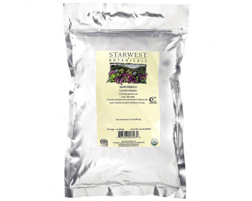 Растительные экстракты и настойки Starwest Botanicals, Органическая гвоздика, 453,6 г (1 фунт) Растительные экстракты и настойки Starwest Botanicals, Органическая гвоздика, 453,6 г (1 фунт)
