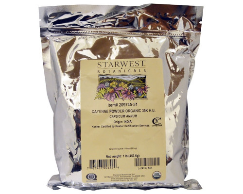 Starwest Botanicals Порошок органического кайенского перца 35K H.U. 1 унция (453.6 г) Starwest Botanicals Порошок органического кайенского перца 35K H.U. 1 унция (453.6 г)
