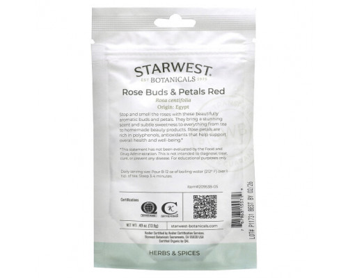 Травяные сборы и чаи Starwest Botanicals, Органические красные бутоны и лепестки роз, 13,9 г (0,49 унции) Травяные сборы и чаи Starwest Botanicals, Органические красные бутоны и лепестки роз, 13,9 г (0,49 унции)