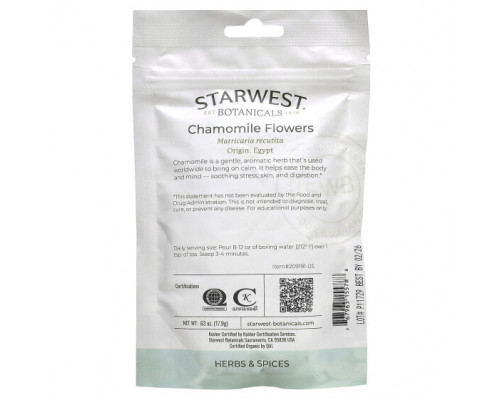 Травяные сборы и чаи Starwest Botanicals, Органические цветки ромашки, 17,9 г (0,63 унции) Травяные сборы и чаи Starwest Botanicals, Органические цветки ромашки, 17,9 г (0,63 унции)