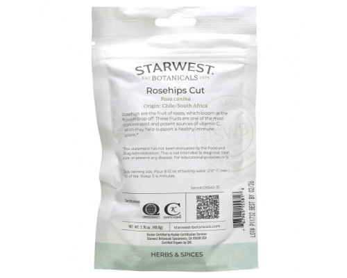 Фрукты и ягоды Starwest Botanicals, Органический шиповник, нарезанный, 49,9 г (1,76 унции) Фрукты и ягоды Starwest Botanicals, Органический шиповник, нарезанный, 49,9 г (1,76 унции)