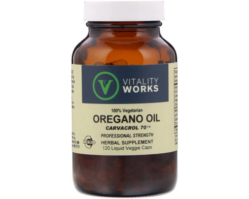 Vitality Works, Масло орегано, Карвакрол 70, 120 капсул Vitality Works, Масло орегано, Карвакрол 70, 120 капсул