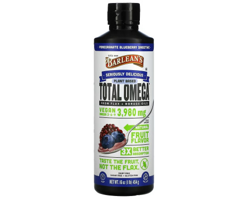 Barlean's, Plant Based Total Omega 3 · 6 · 9, Pomegranate Blueberry Smoothie, 3,980 mg, 16 oz (454 g) Barlean's, Plant Based Total Omega 3 · 6 · 9, Pomegranate Blueberry Smoothie, 3,980 mg, 16 oz (454 g)