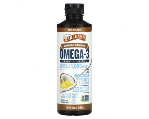 Рыбий жир и Омега 3, 6, 9 Seriously Delicious, Omega-3 From Fish Oil, Piña Colada, 1,080 mg, 1 lb (454 g) Рыбий жир и Омега 3, 6, 9 Seriously Delicious, Omega-3 From Fish Oil, Piña Colada, 1,080 mg, 1 lb (454 g)