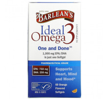Рыбий жир и Омега 3, 6, 9 Barlean's, Ideal Omega 3, апельсин, 1000 мг EPA / DHA, 60 мягких таблеток