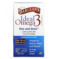 Рыбий жир и Омега 3, 6, 9 Barlean's, Ideal Omega 3, апельсин, 1000 мг EPA / DHA, 60 мягких таблеток