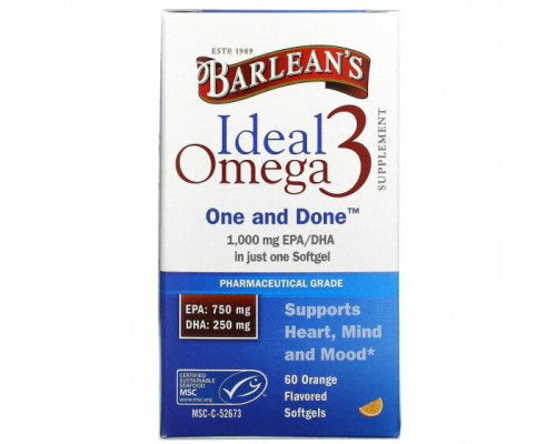 Рыбий жир и Омега 3, 6, 9 Barlean's, Ideal Omega 3, апельсин, 1000 мг EPA / DHA, 60 мягких таблеток Рыбий жир и Омега 3, 6, 9 Barlean's, Ideal Omega 3, апельсин, 1000 мг EPA / DHA, 60 мягких таблеток