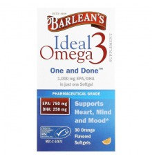 Рыбий жир и Омега 3, 6, 9 Barlean's, Ideal Omega 3, апельсин, 30 мягких таблеток
