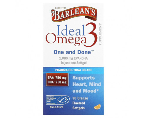 Рыбий жир и Омега 3, 6, 9 Barlean's, Ideal Omega 3, апельсин, 30 мягких таблеток Рыбий жир и Омега 3, 6, 9 Barlean's, Ideal Omega 3, апельсин, 30 мягких таблеток
